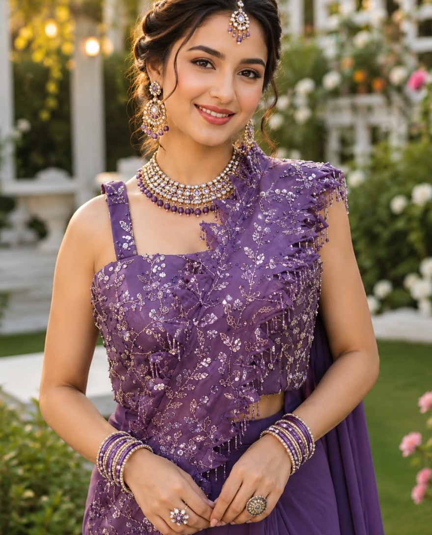 PURPLE - Purple Georgette Classic Sari with Embroidered Work